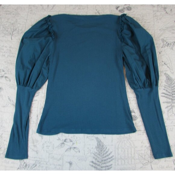 Anthropologie Sunday in Brooklyn Womens Puff Slv ruffle contrast teal top M - Picture 9 of 11